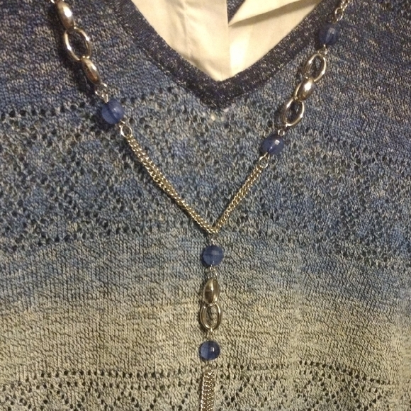 Alfred Dunner Navy and Cream Knit Top with Necklace​ - Picture 2 of 5